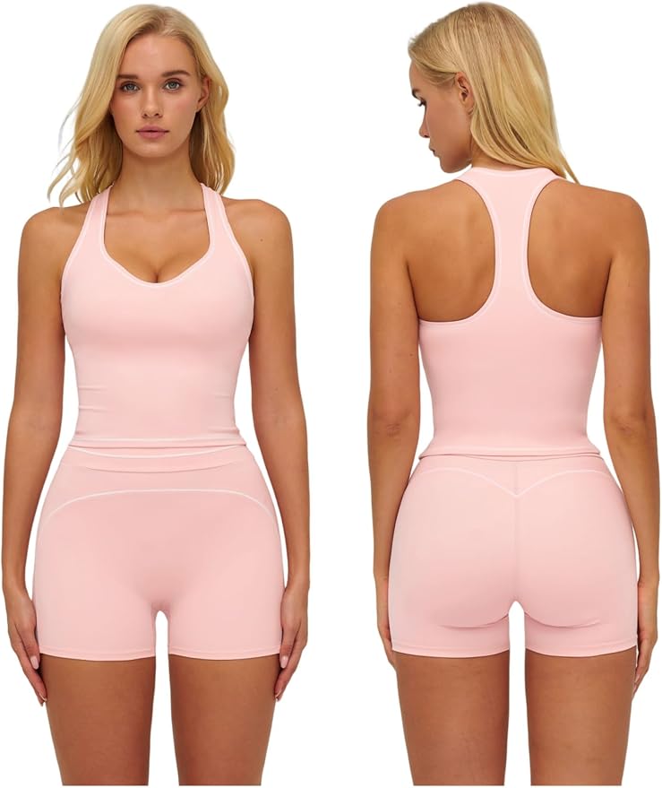 QBGJTD Two Piece Workout Sets for Women Color Block Racerback Tank Tops and High Waist Shorts Gym Yoga Outfits