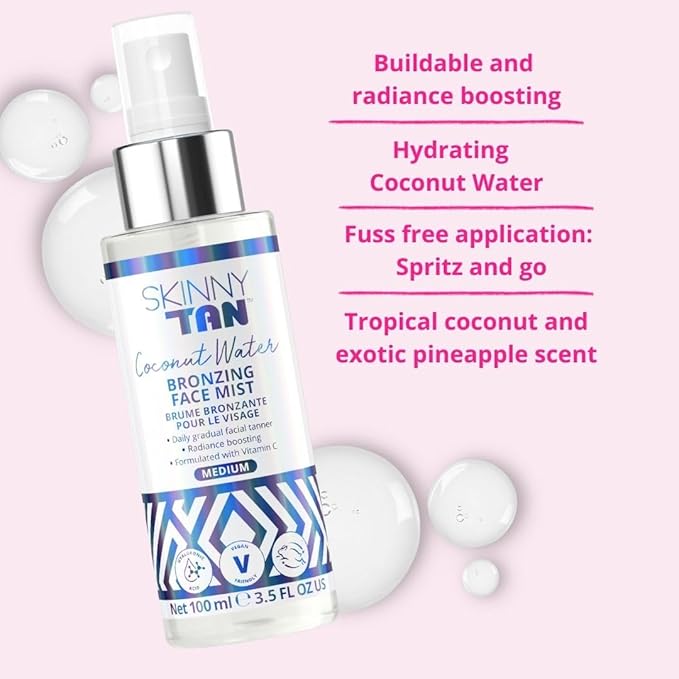 Skinny Tan Coconut Water Self Tanning Face Mist Spray - Gradual Self Tanner Enriched with Hyaluronic Acid and Vitamin C - Delicious Tropical Coconut and Pineapple Scent - Medium Self Tan - 3.5 oz