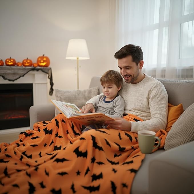 Halloween Fleece Throw Blanket, Black Bats on Orange background, 50x70 in | Ultra-soft cozy flannel fleece, for sofa couch bed chair & dorms, spooky Halloween décor, durable and machine washable.