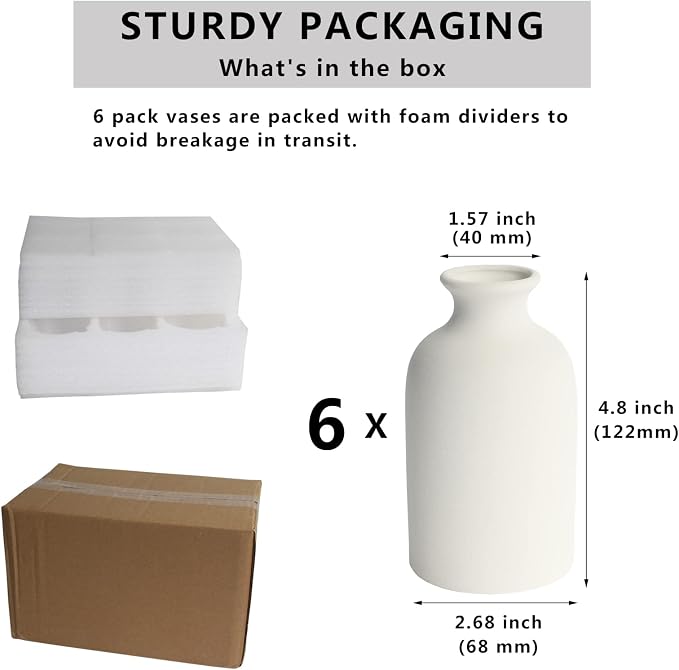YANLING 6 Pack White Vase Small Ceramic Vases for Decor, Bud Vases | for Centerpieces White Vases for Flowers Boho Home Decor, Pampas Grass Dried Flowers Vases