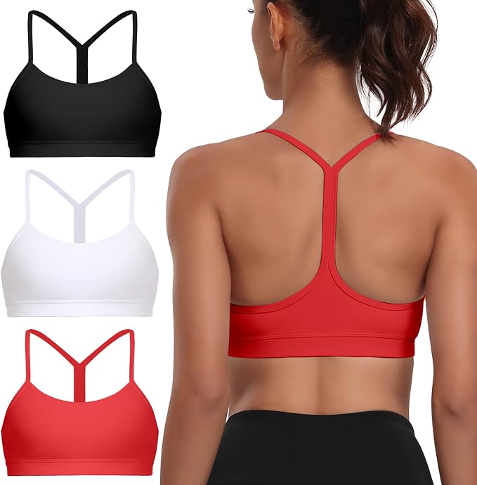Raxnode Women's 3-Pack Y-Back Sports Bra, Thin Spaghetti Strap Nylon Yoga Bra with Removable Cups, Light Support Bralettes