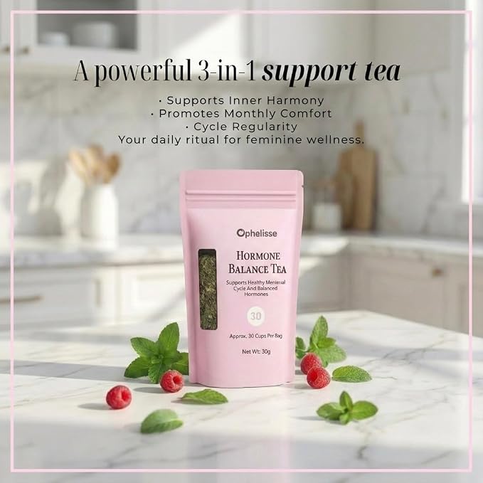 Ophelisse Hormone Balance Tea for Women — 8-Herb Loose Leaf Blend with Red Raspberry Leaf & Spearmint — PMS, Period Cramp, Mood & Bloating Support — Natural Plant-Based Herbal Wellness Tea 30 Servings