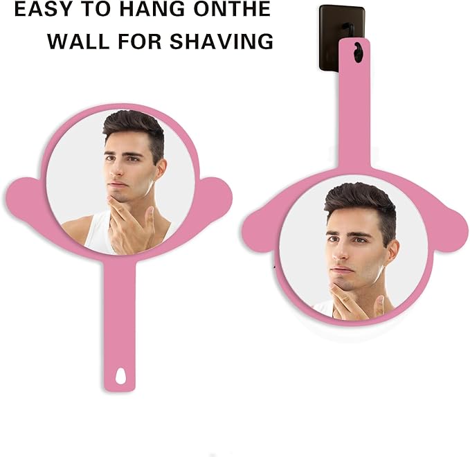 PDOZV Hand Mirror, 2 Pcs Big + Small Compact Hand Mirrors with Handle, Salon Hairdressing Bathroom Barber & Makeup, Travel, Pocket-Sized Mirror, Hanging, Handheld Mirror (Pink, 7.09" Lx 9.06" W)
