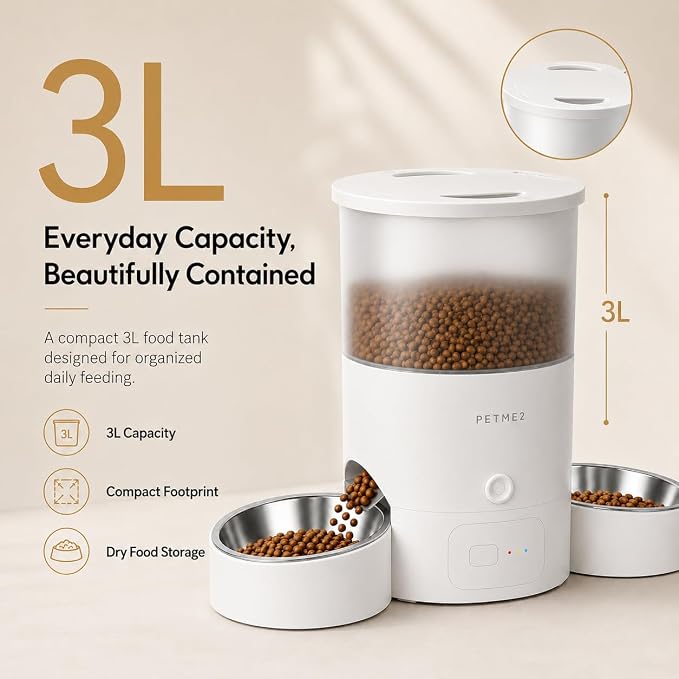 3L Dual Automatic Pet Feeder - Smart & Quiet Cat Automatic Feeders for 2 Cats with App Control, 2 Way Audio, Dual Power Options, Portion Control, Self-Feeding Cat Food Dispenser - White