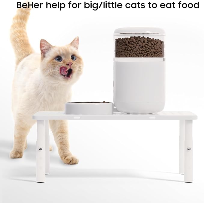 W‌SOWX Adjustable Automatic Cat Feeder Stand, Elevated Cat Food Stand,White | Lifted Cat Food Table Station,Raises Feeder/Bowls by 4.1"/4.9"/5.7",Relieves Spine and Joints Noticeably on Pets-Sturdy Metal