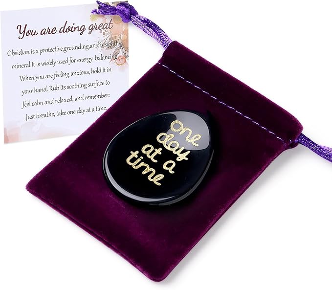 One Day at A Time Black Obsidian Thumb Worry Stone for Anxiety Crystals Hand Thumb Stones Pocket Thinking of You Gifts for women Inspirational Worry Stones for Stress Relief Sobriety Gifts for Her