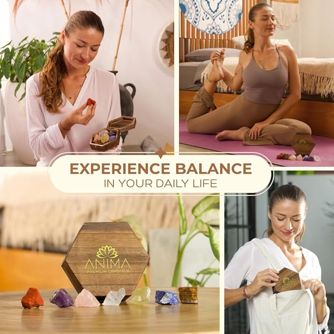 Anima Premium 7 Chakra Healing Crystals Set for Energy Alignment - Large Raw Amethyst, Rose Quartz, Citrine, Lapis Lazuli, Clear Quartz, Tigers Eye & Red Jasper - Wooden Gift Box & Guidebook Included