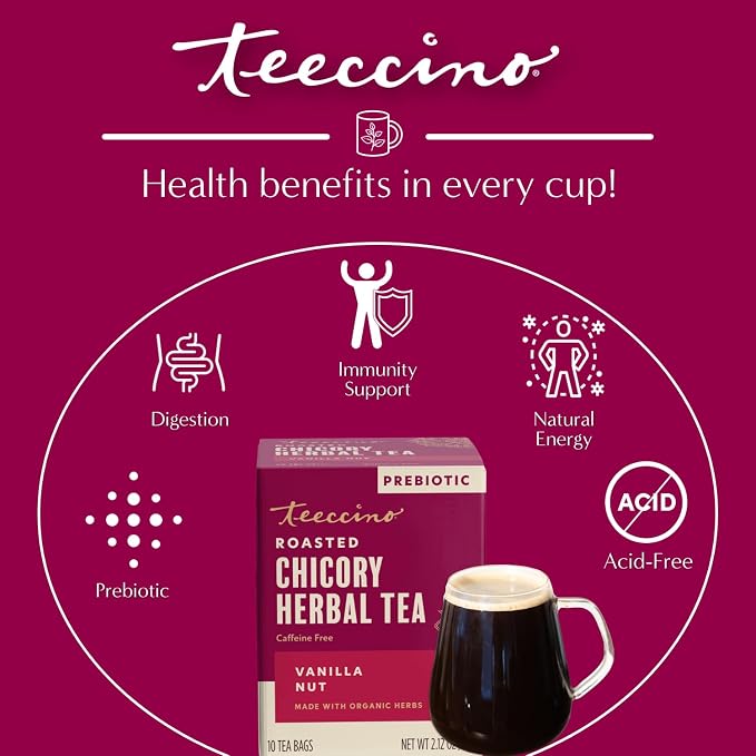 Teeccino Vanilla Nut Herbal Tea - Rich & Roasted Herbal Tea That’s Caffeine Free & Prebiotic for Natural Energy, 10 Tea Bags (Pack of 4)