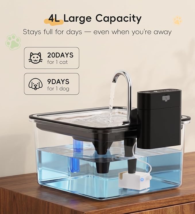 Cat Water Fountain Stainless Steel, 135oz/4L Cordless Pet Fountain for Cat | With 3 Pack Filters; Water & Battery Separation；Faucet Design；Wireless；4000mAh Battery