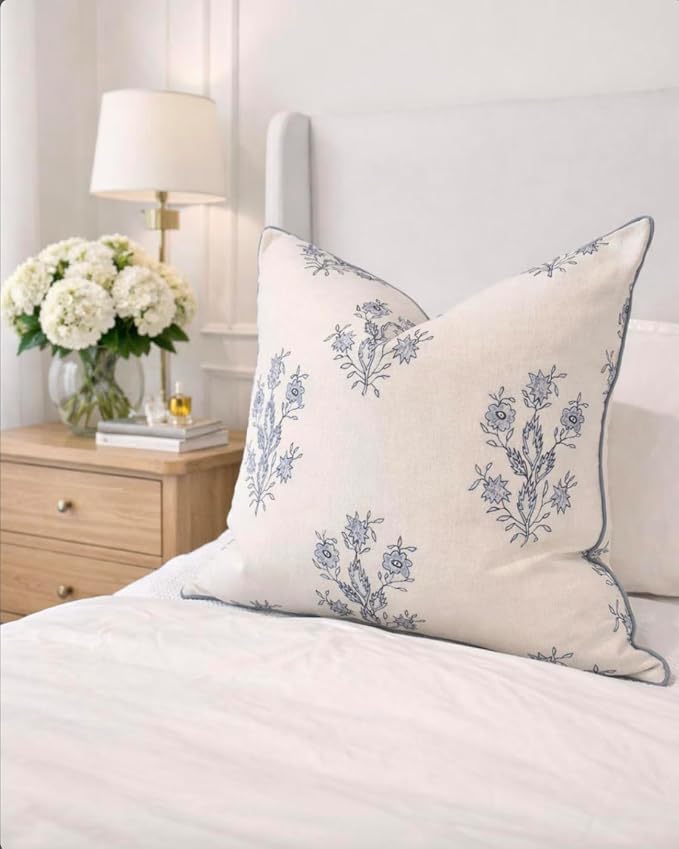 “The Mary” Periwinkle Floral Block Print Pillow Cover – Blue and White Decorative Throw Pillow Cover – Grandmillennial Home Decor, 24" x 24"