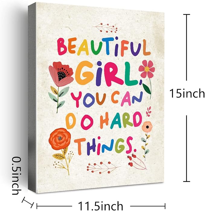 Beautiful Girl You Can Do Hard Things Wall Art Canvas Framed,Inspirationa Wall Decor for Girls,Teen Girl Room Bedroom Wall Decor