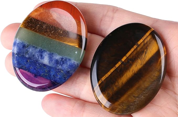 QINJIEJIE Crystals Thumb Worry Stone for Anxiety Healing Crystals Chakra Stone Tiger's Eye Oval Palm Chakra Worry Stones Reiki Meditation Crystal Anxiety Relief Items Gift for Him 2PCS