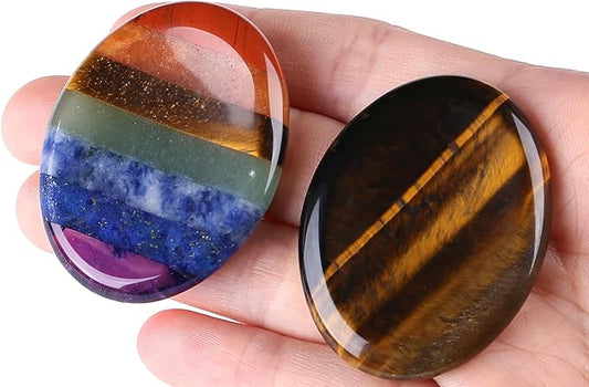 QINJIEJIE Crystals Thumb Worry Stone for Anxiety Healing Crystals Chakra Stone Tiger's Eye Oval Palm Chakra Worry Stones Reiki Meditation Crystal Anxiety Relief Items Gift for Him 2PCS