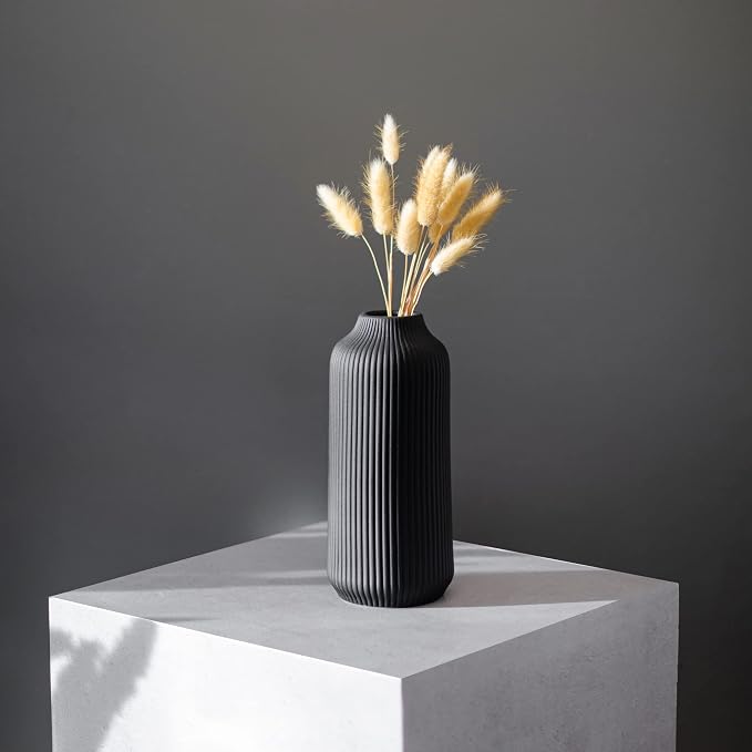 flature Ceramic Vase in Nordic Style, Decovase Large for Pampas Grass as Boho Deco, Vase Black Matt 10 inch for Flowers, Scandinavian Design Home Decoration for Fresh Flowers, Dried Flowers (Size L)