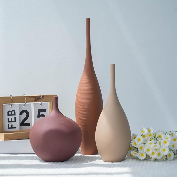 Relexome Ceramic Modern Vase Set of 3 Farmhouse Decorative Vase Minimalist Aesthetic Vases for Centerpieces Matte Ribbed Vases for Home Decor Table Entryway Living Room (Brown+Khaki+ Dark Red)