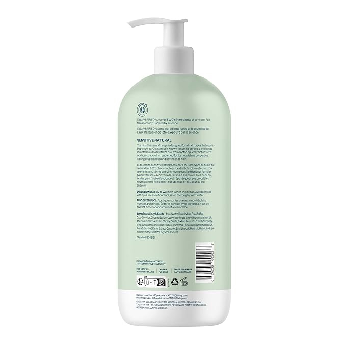 ATTITUDE Hair Shampoo for Sensitive Dry Scalp, EWG Verified, Soothing Oat, Dry and Damaged Hair, Naturally Derived Ingredients, Vegan and Plant-Based, Nourishing, Avocado Oil, 32 Fl Oz