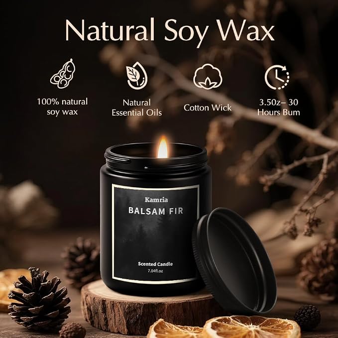 Balsam Fir Scented Candle, Fresh Pine & Evergreen Woodsy Aromatherapy in Black Jar, Natural Soy Wax for Home Decor, Crisp Winter Forest Scent for Men and Women, 7oz