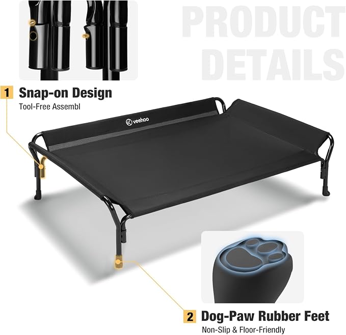 Veehoo Cooling Elevated Dog Bed, Raised Dog Cot with Guardrail & Headrest | Washable Dog Couch Bed for Indoor & Outdoor, Durable Breathable Teslin Mesh, Non-Slip Feet, Medium, 39.5" x 28", Black