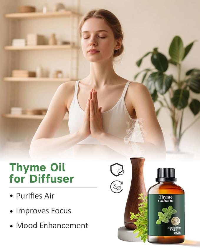 Thyme Essential Oil, Herbaceous Scent, Outdoor, Diffuser & DIY, 3.38 Fl Oz | Mumianhua Thyme Oil, Steam-Distilled. Warm, Herbal Aroma. For Outdoor Spray, Skin & Scalp Care, Home Freshening & DIY