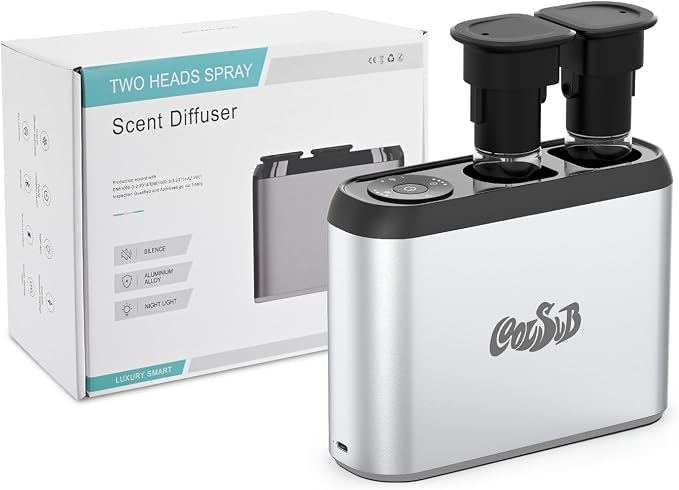 Smart Aroma Diffuser, Dual-Nozzle Waterless Essential Oil Diffuser with Cool Mist, Super Silent Aromatherapy Essential Oil Diffuser Battery Operated for Car, Home, Office Silver