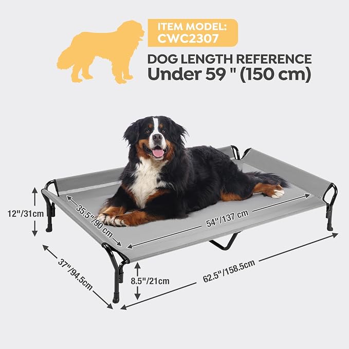 Veehoo Cooling Elevated Dog Bed, Raised Dog Cot with Guardrail & Headrest | Washable Dog Couch Bed for Indoor & Outdoor, Durable Breathable Teslin Mesh, Non-Slip Feet, XX Large, 63" x 37", Grey