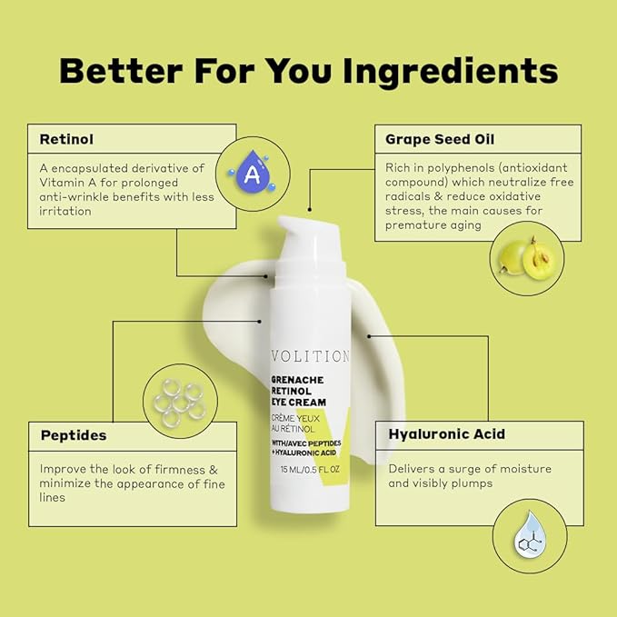 Volition Beauty Grenache Retinol Eye Cream with Peptides + Hyaluronic Acid | Gentle, Effective Formula for Crow's Feet & Firmer Undereye Area | Moisturizing Eyecare to Smooth Fine Lines & Wrinkles