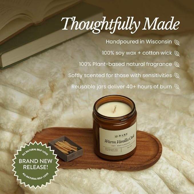 Bare Botanics Non-Toxic Lavender Fields 9oz Soy Candle - 100% Plant-Based Fragrance Oils - Handpoured in WI - 40+ Hrs