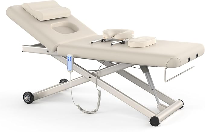 Dolonm Electric Massage Table, Heavy Duty Electric Lift and Backrest 2 Motor Adjustable for Treatment/Medical Spa/Facial Bed/Beauty Bed/Massage and More - 31.2 Wide x 75 Long, Beige Gray