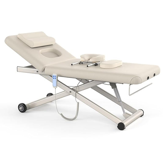 Heavy Duty Electric Massage Table, Electric Lift and Electric Backrest 2 Motor Adjustable for Treatment / Medical Spa / Facial Bed / Beauty Bed / Massage Bed and More - 32 Wide x 75 Long, Beige Gray