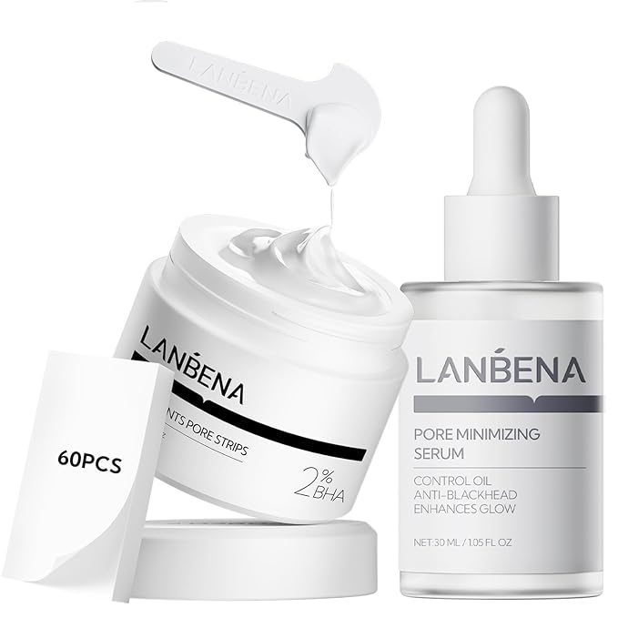 LANBENA Blackhead Remover Nose Pore Strips for Face, 2.0 Upgraded Deep Cleansing Peel off Mask Nose Strips Skincare for All Skin (1.06 Oz/30g) - 60pcs Strips (Aloe Pore Strips+Pore Serum)