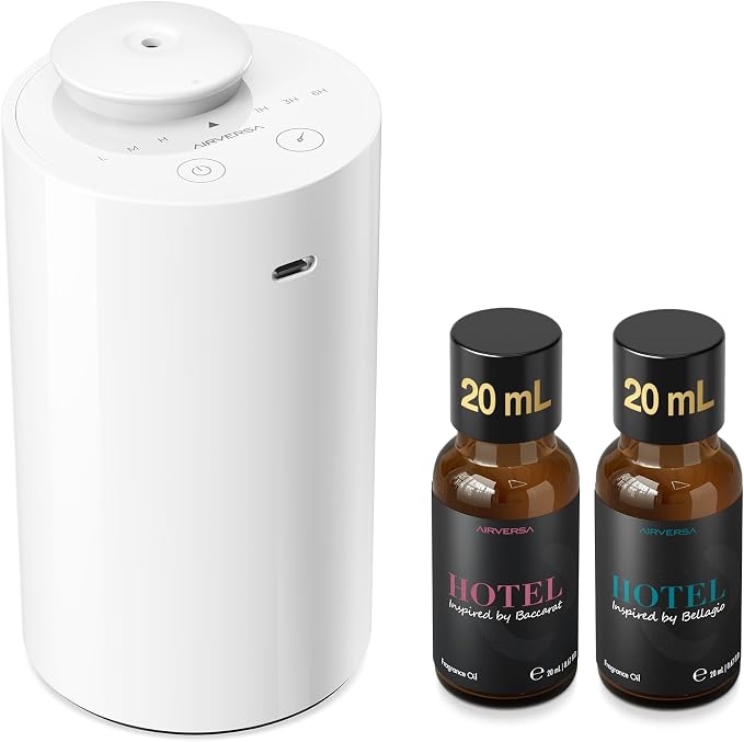 Airversa AN6 Waterless Essential Oil Diffuser Starter Kit, White | 2X20 mL BLG+BCR Hotel Scent Fragrance Oil, Up to 600 sq ft, Battery Operated, Portable for Home Car Office, AN6Kit-2x20-B