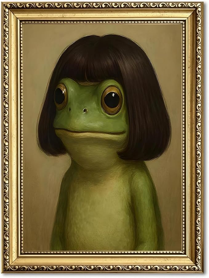 Gold Framed Funny Frog Wall Art, Whimsical Green Frog Wall Decor Painting Cute Animal Poster Canvas Prints Artwork for Living Room Bedroom Bathroom 16x24 inch