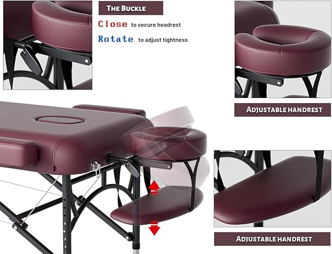 Professional Massage Table Portable 3 Fold Premium Memory Foam Aluminium Leg Hold Up to 1100LBS 8 Heights Adjustable with Carrying Bag Burgundy