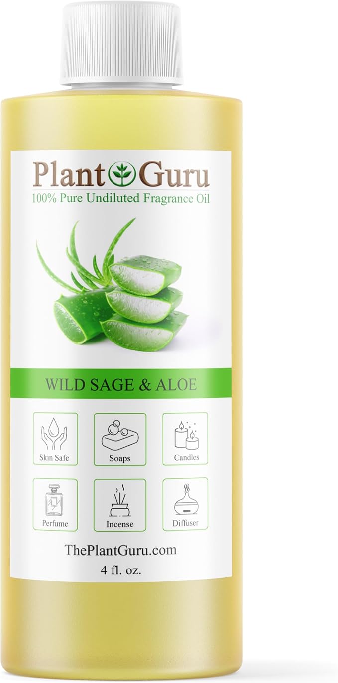 Wild Sage And Aloe Fragrance Oil 4 fl. oz. Scented Oil for DIY Soap Making, Candles, Bath Bombs, Body Butters. Used In Aromatherapy Diffusers, Burners and Warmers. Great Addition To Lotions and Creams