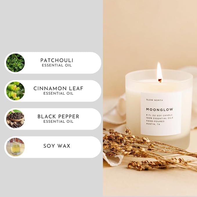 Slow North Moonglow Candle - Essential Oils and Pure Soy Wax Candle in a Reusable Frosted Glass Jar - A Unique and Mindful Scented Candle Hand-Poured in the USA (8 oz)