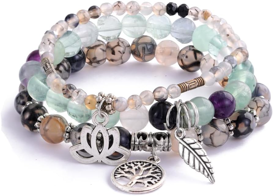 UEUC Tree of Life Yoga Healing Stone Bracelets,Multilayer Lotus Chakra Stone Reiki Bracelet Sets,Anxiety Crystal Natural Stone,for Women Stress Relief