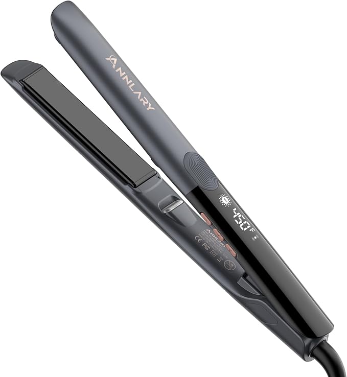 Annlary Hair Straightener 1 Inch Flat Iron and Curler 2 in 1 Titanium Ceramic Ionic Dual Voltage Straightener with Heat-Resistant Silicone, for Less Frizz, Shinier & Smoother