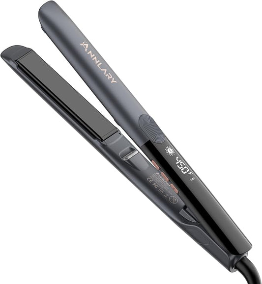 Annlary Hair Straightener 1 Inch Flat Iron and Curler 2 in 1 Titanium Ceramic Ionic Dual Voltage Straightener with Heat-Resistant Silicone, for Less Frizz, Shinier & Smoother