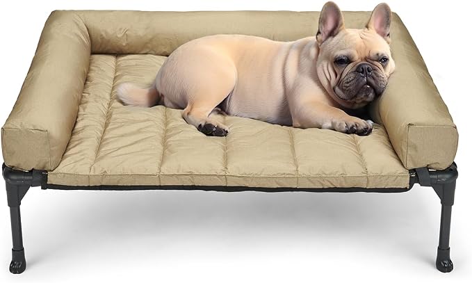 Veehoo Outdoor Elevated Dog Bed with Waterproof Bolster Cushion, Cooling | Raised Dog Bed with Removable & Washable Mat Topper, Breathable Mesh, Dog Couch Cot for Indoor Outdoor, 32", Medium, Beige