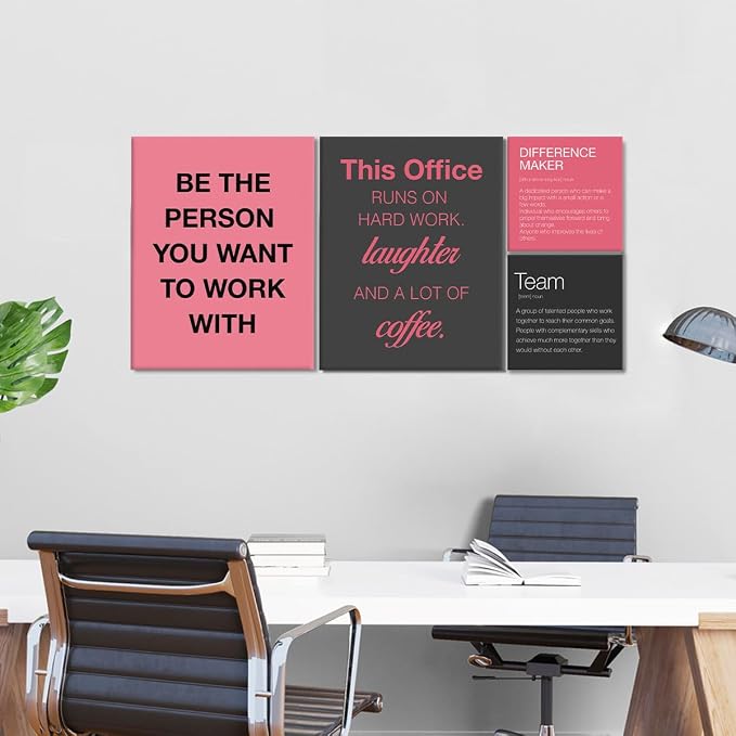 YEOION Motivational Office Wall Art,Inspirational Teamwork Wall Art for Office,Pink and Black Positive Teamwork Wall Decor for Women Set of 6