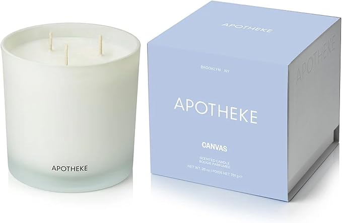 Apotheke 3-Wick Scented Candles for Home, Canvas - 26 oz Soy Wax Jar Candle Gift for Women - Long-Lasting Fragrance with Perfume-Grade Essential Oils - White Musk, Dew Drops & Lily of the Valley