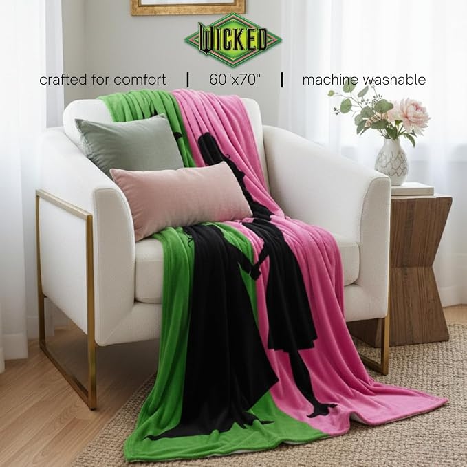 Wicked Elphaba and Glinda Bedding Throw - Super Soft Cozy Blanket - Pink & Green, 60 in x 70 in, (Officially Licensed Product) by Franco