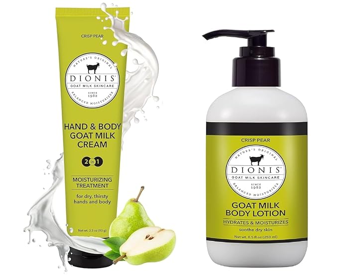 Dionis Goat Milk Crisp Pear Hand & Body Cream and Body Lotion Limited Edition Gift Bundle (Pack of 2)