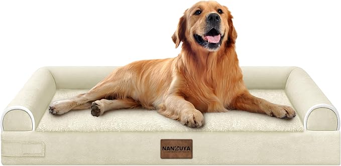 Orthopedic Dog Bed for X-Large Dogs, 40 x 32 Inch, Beige | Egg crate foam for joint support, 3-sided bolster pet sofa, waterproof lining, washable cover, and non-skid base