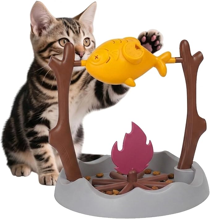 Cat Slow Feeder, Interactive Cat Puzzle Toy Treat Dispenser - BBQ Campfire Grill Design, Adjustable Rotating Fish Flame Mental Stimulation Food Dispensing Toy for Indoor Cats Kittens-Fat Fish