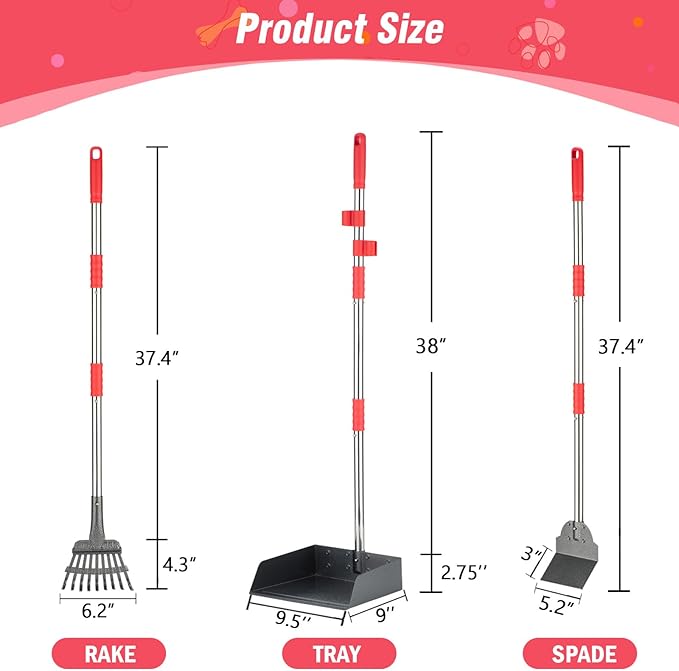 FUSBUNTY Dog Pooper Scooper Set, Heavy Duty Stainless Steel Rake & Spade | Extra Large Tray for Pet Waste Removal. No Bending Clean Up Tool for Grass, Dirt, Gravel, Yard & Outdoor Areas.