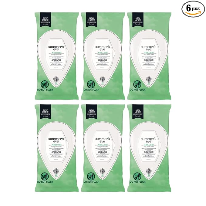Summer’s Eve Aloe Love Feminine Cleansing Wipes, Daily Intimate Cloths, Removes Odor, pH Balanced, Gentle for Sensitive Skin, 32 Count (Pack of 6)