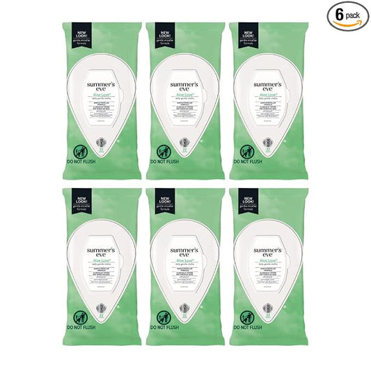 Summer’s Eve Aloe Love Feminine Cleansing Wipes, Daily Intimate Cloths, Removes Odor, pH Balanced, Gentle for Sensitive Skin, 32 Count (Pack of 6)