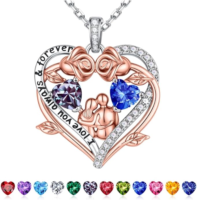 Iefil Valentines Gifts for Her Wife - 925 Sterling Silver Double Heart Birthstone Necklace, Anniversary Birthday Gifts for Women Wife Girlfriend