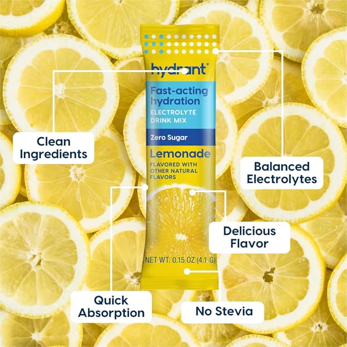 HYDRANT - Hydration Powder, Lemonade Flavor, 30 Individual Sugar-Free Instant Electrolyte Rehydration Packets - Zero Sugar Drink Mix for Daily Use, Travel & Workouts
